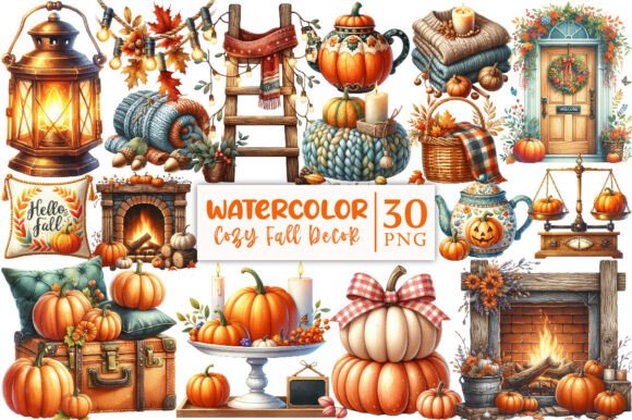 Download Watercolor Cozy Fall Decor Clipart - Decor Collection