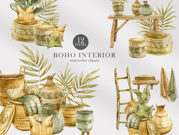 Download Watercolor Boho Interior Decor Clipart - Decor Collection