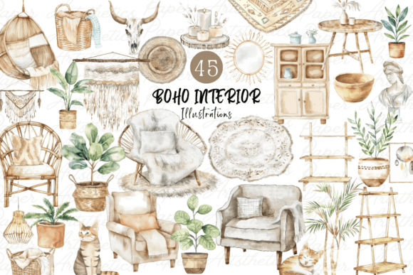 Download Watercolor Boho Interior Decor Clipart - Decor Collection